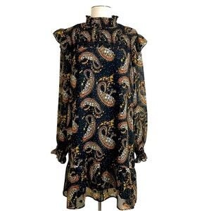 THML Black Orange Paisley Textured Smocked Bodice Long Sleeve Semi-sheer Dress